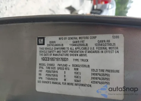 2001 Chevrolet S-10 Ls from USA, damaged, VIN 1GCCS195718179331